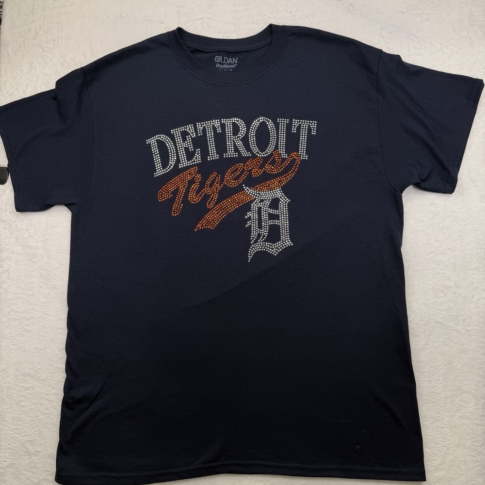 Detroit Tigers Navy Women's Short Sleeve T-shirt Bling Front Letters Size Large